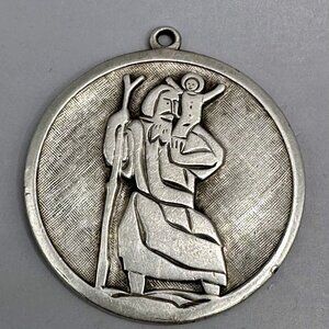 Modernist Saint Christopher Pendant Geometric Relief 835 Silver Large Medallion